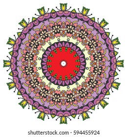 Mandala flower decoration, doodle round ornament, isolated design element on a white background. Vector geometric floral pattern. Tribal ethnic arabic, indian, turkish motif. Colorful abstract art