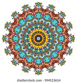 Mandala flower decoration, doodle round ornament, isolated design element on a white background. Vector geometric floral pattern. Tribal ethnic arabic, indian, turkish motif. Colorful abstract art