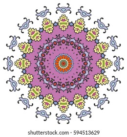 Mandala flower decoration, doodle round ornament, isolated design element on a white background. Vector geometric floral pattern. Tribal ethnic arabic, indian, turkish motif. Colorful abstract art