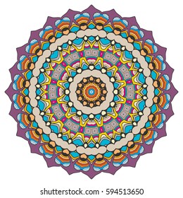Mandala flower decoration, doodle round ornament, isolated design element on a white background. Vector geometric floral pattern. Tribal ethnic arabic, indian, turkish motif. Colorful abstract art