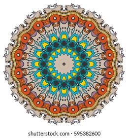 Mandala flower decoration, doodle round ornament, isolated design element on a white background. Vector geometric floral pattern. Tribal ethnic arabic, indian, turkish motif. Colorful abstract art