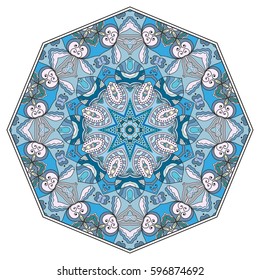 Mandala flower decoration, doodle round ornament, isolated design element on a white background. Vector geometric floral pattern. Tribal ethnic arabic, indian, turkish motif. Colorful abstract art