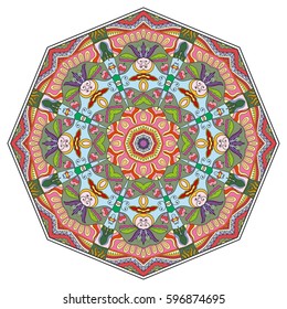 Mandala flower decoration, doodle round ornament, isolated design element on a white background. Vector geometric floral pattern. Tribal ethnic arabic, indian, turkish motif. Colorful abstract art