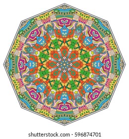 Mandala flower decoration, doodle round ornament, isolated design element on a white background. Vector geometric floral pattern. Tribal ethnic arabic, indian, turkish motif. Colorful abstract art