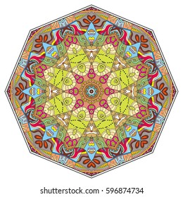 Mandala flower decoration, doodle round ornament, isolated design element on a white background. Vector geometric floral pattern. Tribal ethnic arabic, indian, turkish motif. Colorful abstract art