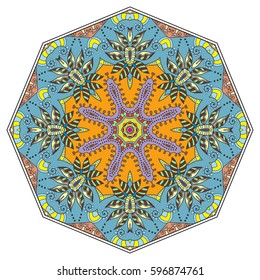Mandala flower decoration, doodle round ornament, isolated design element on a white background. Vector geometric floral pattern. Tribal ethnic arabic, indian, turkish motif. Colorful abstract art