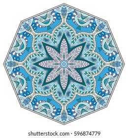 Mandala flower decoration, doodle round ornament, isolated design element on a white background. Vector geometric floral pattern. Tribal ethnic arabic, indian, turkish motif. Colorful abstract art