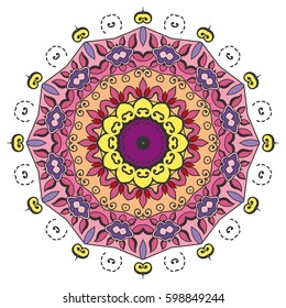 Mandala flower decoration, doodle round ornament, isolated design element on a white background. Vector geometric floral pattern. Tribal ethnic arabic, indian, turkish motif. Colorful abstract art