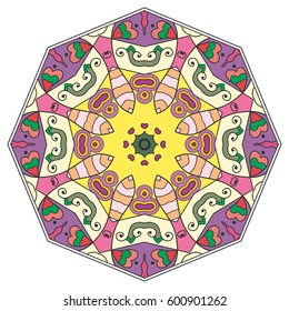 Mandala flower decoration, doodle round ornament, isolated design element on a white background. Vector geometric floral pattern. Tribal ethnic arabic, indian, turkish motif. Colorful abstract art