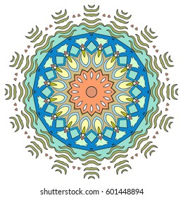 Mandala flower decoration, doodle round ornament, isolated design element on a white background. Vector geometric floral pattern. Tribal ethnic arabic, indian, turkish motif. Colorful abstract art