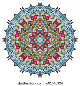 Mandala flower decoration, doodle round ornament, isolated design element on a white background. Vector geometric floral pattern. Tribal ethnic arabic, indian, turkish motif. Colorful abstract art