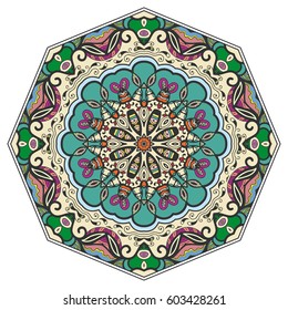 Mandala flower decoration, doodle round ornament, isolated design element on a white background. Vector geometric floral pattern. Tribal ethnic arabic, indian, turkish motif. Colorful abstract art