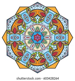 Mandala flower decoration, doodle round ornament, isolated design element on a white background. Vector geometric floral pattern. Tribal ethnic arabic, indian, turkish motif. Colorful abstract art
