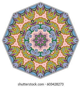 Mandala flower decoration, doodle round ornament, isolated design element on a white background. Vector geometric floral pattern. Tribal ethnic arabic, indian, turkish motif. Colorful abstract art