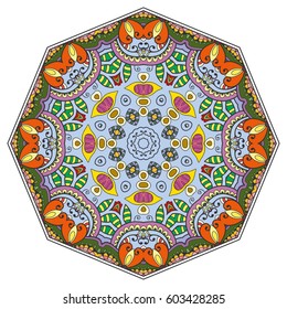 Mandala flower decoration, doodle round ornament, isolated design element on a white background. Vector geometric floral pattern. Tribal ethnic arabic, indian, turkish motif. Colorful abstract art
