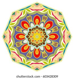 Mandala flower decoration, doodle round ornament, isolated design element on a white background. Vector geometric floral pattern. Tribal ethnic arabic, indian, turkish motif. Colorful abstract art