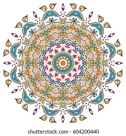 Mandala flower decoration, doodle round ornament, isolated design element on a white background. Vector geometric floral pattern. Tribal ethnic arabic, indian, turkish motif. Colorful abstract art