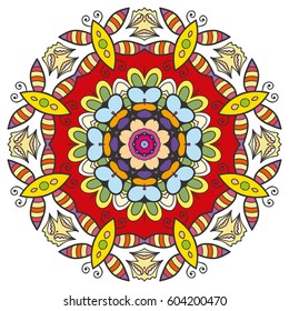 Mandala flower decoration, doodle round ornament, isolated design element on a white background. Vector geometric floral pattern. Tribal ethnic arabic, indian, turkish motif. Colorful abstract art