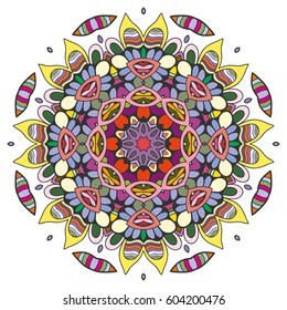 Mandala flower decoration, doodle round ornament, isolated design element on a white background. Vector geometric floral pattern. Tribal ethnic arabic, indian, turkish motif. Colorful abstract art