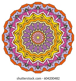 Mandala flower decoration, doodle round ornament, isolated design element on a white background. Vector geometric floral pattern. Tribal ethnic arabic, indian, turkish motif. Colorful abstract art