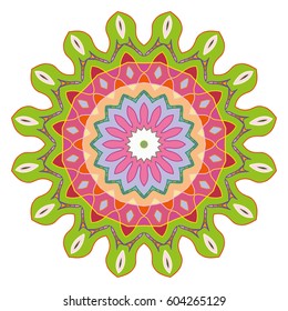 Mandala flower decoration, doodle round ornament, isolated design element on a white background. Vector geometric floral pattern. Tribal ethnic arabic, indian, turkish motif. Colorful abstract art