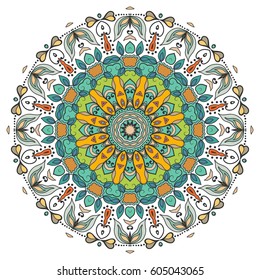 Mandala flower decoration, doodle round ornament, isolated design element on a white background. Vector geometric floral pattern. Tribal ethnic arabic, indian, turkish motif. Colorful abstract art