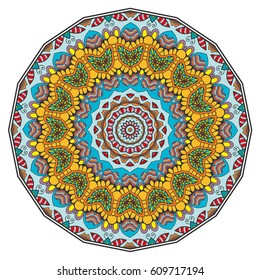 Mandala flower decoration, doodle round ornament, isolated design element on a white background. Vector geometric floral pattern. Tribal ethnic arabic, indian, turkish motif. Colorful abstract art