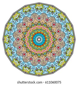 Mandala flower decoration, doodle round ornament, isolated design element on a white background. Vector geometric floral pattern. Tribal ethnic arabic, indian, turkish motif. Colorful abstract art