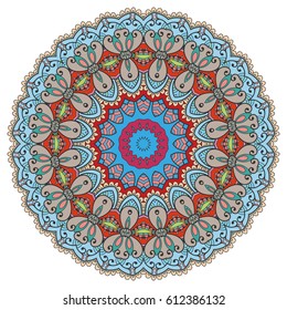 Mandala flower decoration, doodle round ornament, isolated design element on a white background. Vector geometric floral pattern. Tribal ethnic arabic, indian, turkish motif. Colorful abstract art