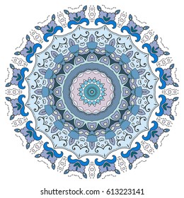 Mandala flower decoration, doodle round ornament, isolated design element on a white background. Vector geometric floral pattern. Tribal ethnic arabic, indian, turkish motif. Colorful abstract art