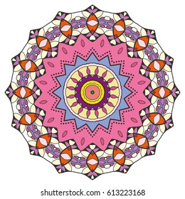 Mandala flower decoration, doodle round ornament, isolated design element on a white background. Vector geometric floral pattern. Tribal ethnic arabic, indian, turkish motif. Colorful abstract art