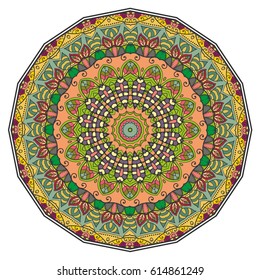 Mandala flower decoration, doodle round ornament, isolated design element on a white background. Vector geometric floral pattern. Tribal ethnic arabic, indian, turkish motif. Colorful abstract art