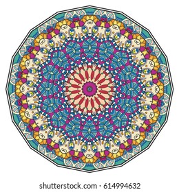 Mandala flower decoration, doodle round ornament, isolated design element on a white background. Vector geometric floral pattern. Tribal ethnic arabic, indian, turkish motif. Colorful abstract art