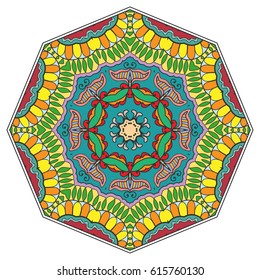Mandala flower decoration, doodle round ornament, isolated design element on a white background. Vector geometric floral pattern. Tribal ethnic arabic, indian, turkish motif. Colorful abstract art