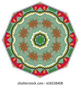 Mandala flower decoration, doodle round ornament, isolated design element on a white background. Vector geometric floral pattern. Tribal ethnic arabic, indian, turkish motif. Colorful abstract art