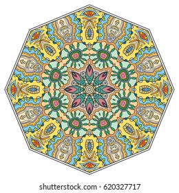 Mandala flower decoration, doodle round ornament, isolated design element on a white background. Vector geometric floral pattern. Tribal ethnic arabic, indian, turkish motif. Colorful abstract art