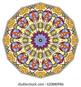 Mandala flower decoration, doodle round ornament, isolated design element on a white background. Vector geometric floral pattern. Tribal ethnic arabic, indian, turkish motif. Colorful abstract art