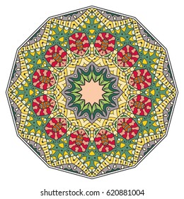 Mandala flower decoration, doodle round ornament, isolated design element on a white background. Vector geometric floral pattern. Tribal ethnic arabic, indian, turkish motif. Colorful abstract art