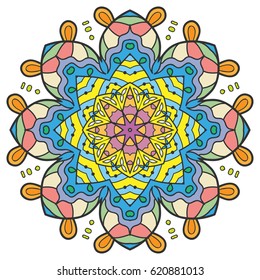 Mandala flower decoration, doodle round ornament, isolated design element on a white background. Vector geometric floral pattern. Tribal ethnic arabic, indian, turkish motif. Colorful abstract art