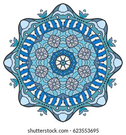 Mandala flower decoration, doodle round ornament, isolated design element on a white background. Vector geometric floral pattern. Tribal ethnic arabic, indian, turkish motif. Colorful abstract art