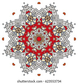 Mandala flower decoration, doodle round ornament, isolated design element on a white background. Vector geometric floral pattern. Tribal ethnic arabic, indian, turkish motif. Colorful abstract art