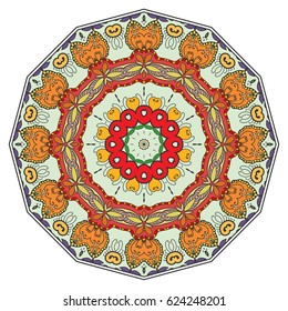 Mandala flower decoration, doodle round ornament, isolated design element on a white background. Vector geometric floral pattern. Tribal ethnic arabic, indian, turkish motif. Colorful abstract art