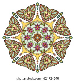Mandala flower decoration, doodle round ornament, isolated design element on a white background. Vector geometric floral pattern. Tribal ethnic arabic, indian, turkish motif. Colorful abstract art