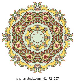 Mandala flower decoration, doodle round ornament, isolated design element on a white background. Vector geometric floral pattern. Tribal ethnic arabic, indian, turkish motif. Colorful abstract art