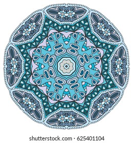 Mandala flower decoration, doodle round ornament, isolated design element on a white background. Vector geometric floral pattern. Tribal ethnic arabic, indian, turkish motif. Colorful abstract art