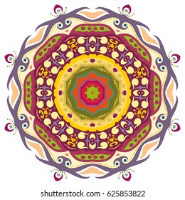 Mandala flower decoration, doodle round ornament, isolated design element on a white background. Vector geometric floral pattern. Tribal ethnic arabic, indian, turkish motif. Colorful abstract art