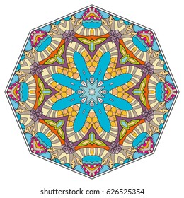 Mandala flower decoration, doodle round ornament, isolated design element on a white background. Vector geometric floral pattern. Tribal ethnic arabic, indian, turkish motif. Colorful abstract art