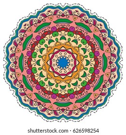Mandala flower decoration, doodle round ornament, isolated design element on a white background. Vector geometric floral pattern. Tribal ethnic arabic, indian, turkish motif. Colorful abstract art
