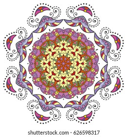 Mandala flower decoration, doodle round ornament, isolated design element on a white background. Vector geometric floral pattern. Tribal ethnic arabic, indian, turkish motif. Colorful abstract art