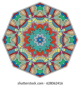 Mandala flower decoration, doodle round ornament, isolated design element on a white background. Vector geometric floral pattern. Tribal ethnic arabic, indian, turkish motif. Colorful abstract art